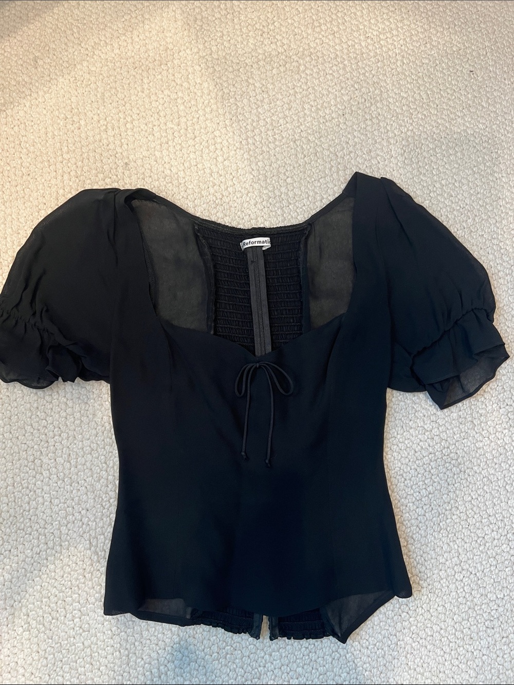 Reformation Black Puff-Sleeve Tie-Front Blouse 4